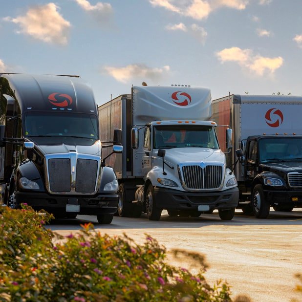 3 ARCOA trucks parked in a straight row in an outdoor lot during the day