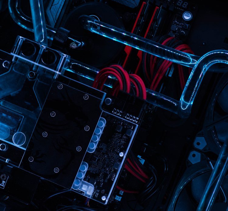 Close-up of red cables and blue hardware inside a technology device